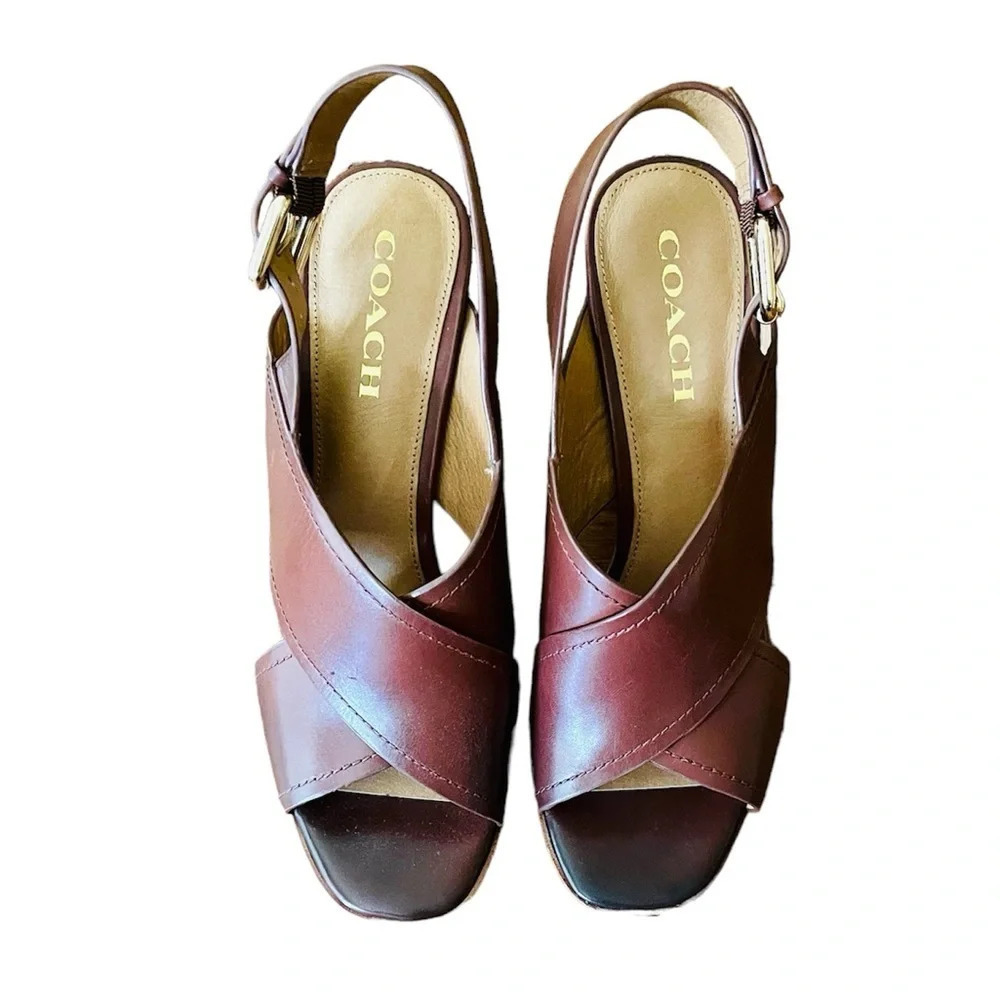 Coach Bristol women’s leather block heel buckle sandals LIKE NEW! SZ 8.5 brown - Picture 2 of 10